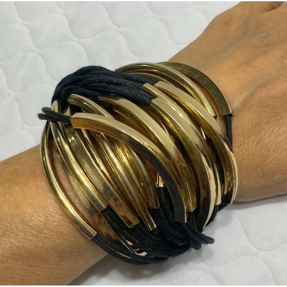 VINTAGE ARMANI EXCHANGE BRACELET LEATHER GOLD TONE METAL TUBE SMALL WRIST 6.5"